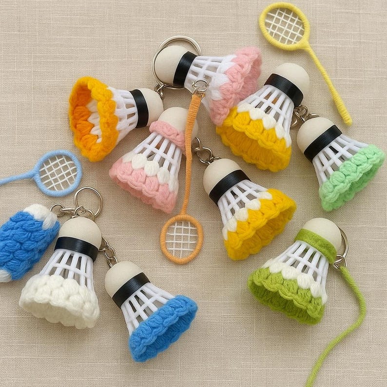 Cute Handmade Badminton Keychain – Crochet Shuttlecock & Racket Bag ...