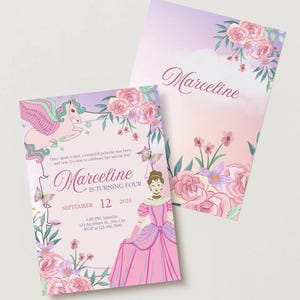 Invito con principessa, unicorno e farfalle - Testo personalizzabile con nome, data e luogo dell'evento - Disponibile in formato digitale