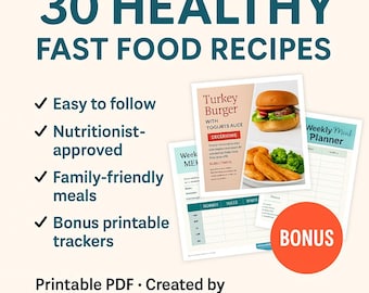30 recetas de comida rápida saludable / Comidas imprimibles para toda la familia / Tarjetas de recetas en formato PDF + Rastreador de presupuesto adicional y planificador de comidas incluidos.