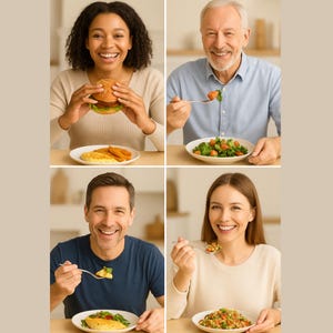 May include: A collage of four individuals, each smiling and holding or eating food. One person holds a hamburger, while others eat salads and a plate of chicken and sweet potato fries. The image suggests healthy eating habits.
