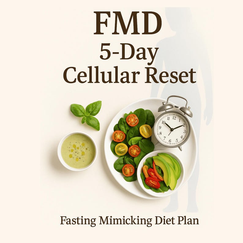 May include: Image promoting the FMD 5-Day Cellular Reset plan. The image features a plate of salad with tomatoes and avocado, a small bowl of soup, a vintage alarm clock, and the text "Fasting Mimicking Diet Plan."