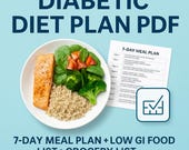 Diabetic Diet Plan PDF.7-Day Meal Plan + Low GI Food List + Grocery List + Bonus Habit Tracker.Type 2 Diabetes Guide.Healthy food for family