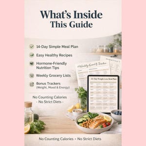 May include: A guide titled "What's Inside This Guide" with a 14-day meal plan, healthy recipes, nutrition tips, grocery lists, and bonus trackers. A tablet displays a 14-Day Weight Loss Meal Plan. A bowl of food and ingredients are on a wooden table.