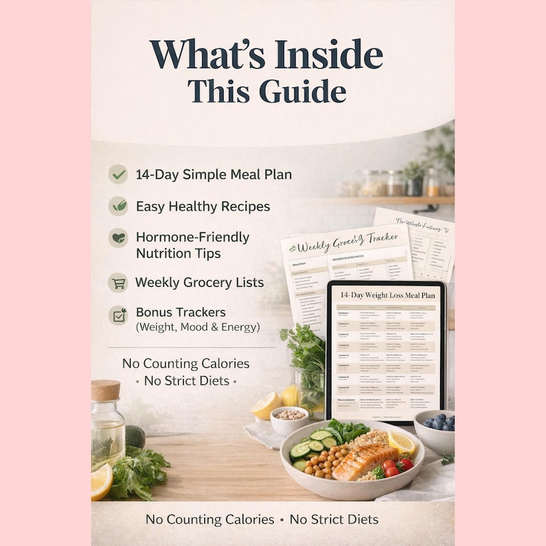 May include: A guide titled "What's Inside This Guide" with a 14-day meal plan, healthy recipes, nutrition tips, grocery lists, and bonus trackers. A tablet displays a 14-Day Weight Loss Meal Plan. A bowl of food and ingredients are on a wooden table.