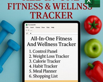 Fitness & Weight Loss Tracker Excel.All-in-One Wellness Planner – Body Metrics, Habits, Calories, Shopping List - Download.Mother’s Day Sale