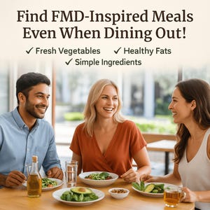 May include: Image shows three people smiling while dining. The table has plates of food, including vegetables, avocado, and nuts. Text at the top reads "Find FMD-Inspired Meals Even When Dining Out!" with checkmarks next to "Fresh Vegetables", "Healthy Fats", and "Simple Ingredients".