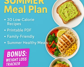 ¡Oferta de verano! Plan de comidas para el cuerpo en verano (PDF) para la familia. 30 recetas bajas en calorías para bajar de peso + Bono: Registro imprimible. Descarga instantánea.