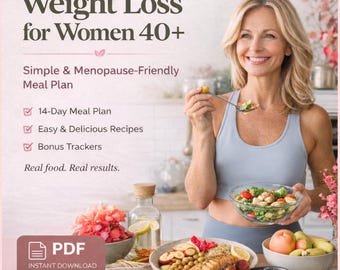 Plan de alimentación para bajar de peso para mujeres mayores de 40 años, dieta apta para la menopausia (PDF), plan de alimentación de 14 días, recetas bajas en calorías + registro de comidas.