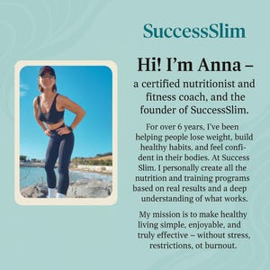 May include: Image features a woman in athletic wear, posing outdoors with a blue sky backdrop. Text reads "SuccessSlim" and "Hi! I'm Anna - a certified nutritionist and fitness coach, and the founder of SuccessSlim."