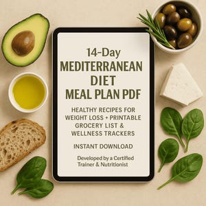 Plan de repas diététique méditerranéen de 14 jours PDF | Recettes saines pour perdre du poids + liste de courses à imprimer et trackers de bien-être. Solde de la Fête des Mères
