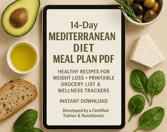 Plan de alimentación de 14 días de la dieta mediterránea (PDF) / Recetas saludables para bajar de peso + Lista de la compra imprimible y registro de bienestar. Oferta del Día de la Madre.