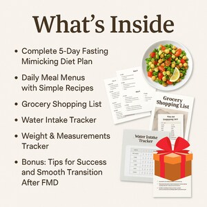 May include: Image features a healthy meal in a white bowl, alongside printed materials detailing a 5-day fasting plan. The text "What's Inside" is at the top, with bullet points listing the plan's components, including meal menus, shopping lists, and trackers.