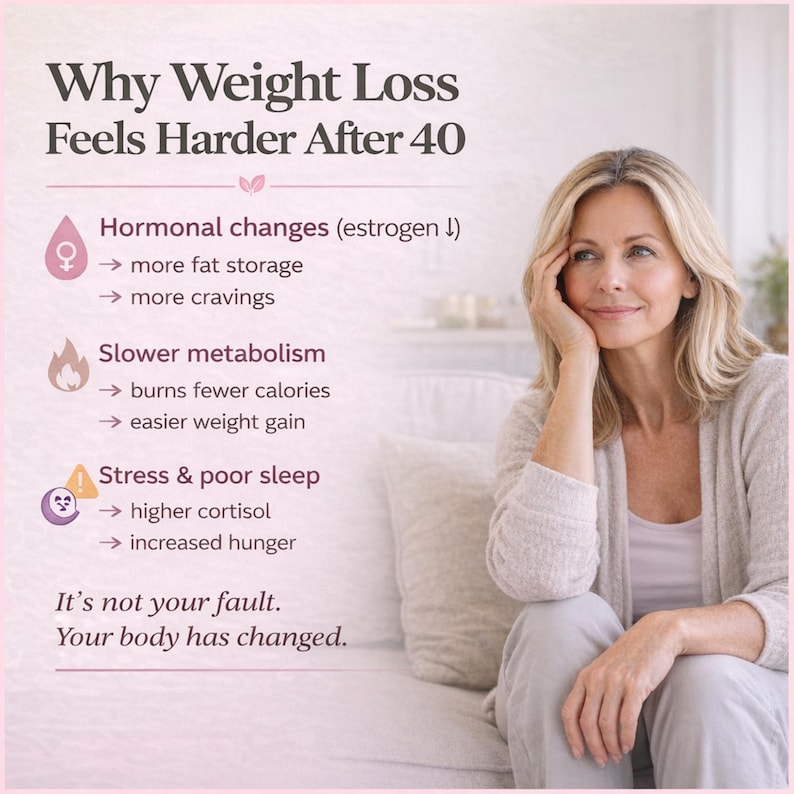 May include: Image with text: "Why Weight Loss Feels Harder After 40." The text explains hormonal changes, slower metabolism, and stress as factors. A woman with blonde hair is seated, resting her chin on her hand, with a soft background.