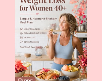 Plan de alimentación para bajar de peso para mujeres mayores de 40 años, dieta apta para la menopausia (PDF), plan de alimentación de 14 días, recetas bajas en calorías + registro de comidas.