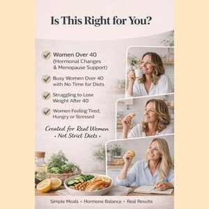May include: A promotional graphic with the text "Is This Right for You?" and a list of concerns, including hormonal changes and weight loss. The image features three women and a bowl of food, promoting simple meals and hormone balance.