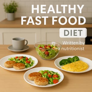 May include: A table setting featuring healthy fast food options. The image includes plates of food, a salad in a glass bowl, and a cup of coffee. Text on the image reads "HEALTHY FAST FOOD DIET" and "Written by a nutritionist."