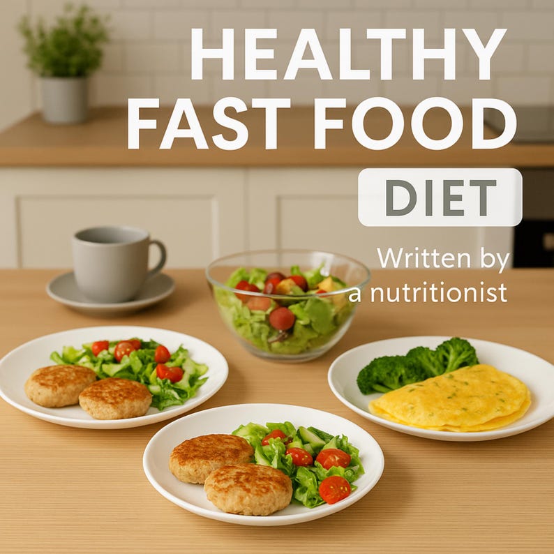 May include: A table setting featuring healthy fast food options. The image includes plates of food, a salad in a glass bowl, and a cup of coffee. Text on the image reads "HEALTHY FAST FOOD DIET" and "Written by a nutritionist."
