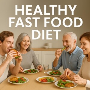 May include: A group of four people are seated around a wooden table, enjoying a meal. The text "HEALTHY FAST FOOD DIET" is displayed at the top. Each person has a plate of food, including salads and what appears to be burgers or patties.