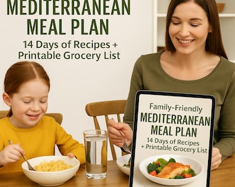 Plan de comidas mediterráneas para toda la familia / Recetas imprimibles en PDF para bajar de peso en 14 días + Planificador de comidas y lista de la compra extra / Guía de alimentación saludable