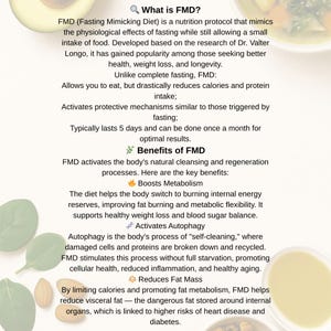 May include: Informational graphic explaining the Fasting Mimicking Diet (FMD). The text describes FMD as a nutrition protocol that mimics fasting, its benefits including boosted metabolism, autophagy activation, and reduced fat mass. The graphic is white with green and yellow accents.