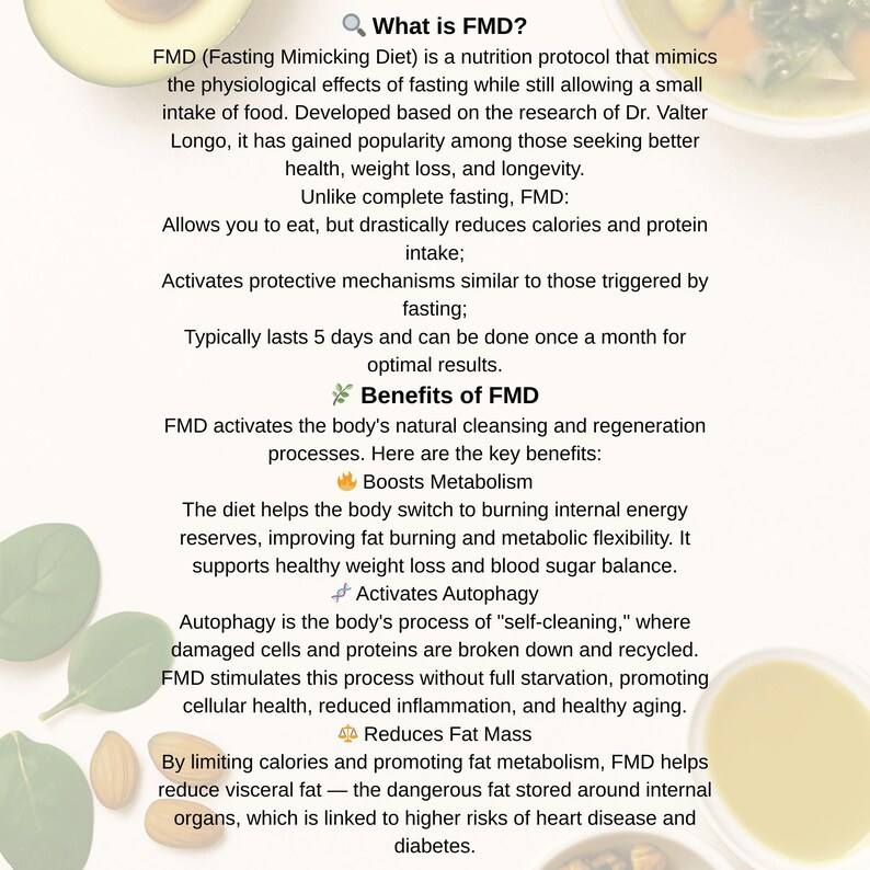 May include: Informational graphic explaining the Fasting Mimicking Diet (FMD). The text describes FMD as a nutrition protocol that mimics fasting, its benefits including boosted metabolism, autophagy activation, and reduced fat mass. The graphic is white with green and yellow accents.