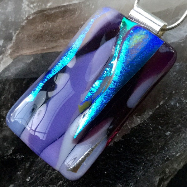 Boho inspired Dichroic & art glass kiln fused pendant abstract exposed effect, purples 5cm x 2.5cm/2 inch tube bail and snake chain,gift box