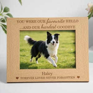 Puede incluir: Marco de fotos de madera clara con una foto de un perro blanco y negro corriendo sobre hierba. El marco tiene texto grabado: "YOU WERE OUR favourite HELLO...AND OUR hardest GOODBYE", "Haley" y "FOREVER LOVED NEVER FORGOTTEN".