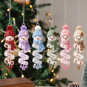 May include: Six hanging snowman ornaments with colorful knit hats and scarves. Each snowman features a spiral ribbon base with a name printed on it: Viola, Sophia, Sophia, Kevin, Carlin, and Isaac. The ornaments include small decorative charms.