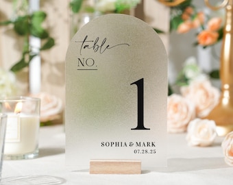 Acrylic Wedding Table Numbers: Floral Arch or Rectangle with Wood Base