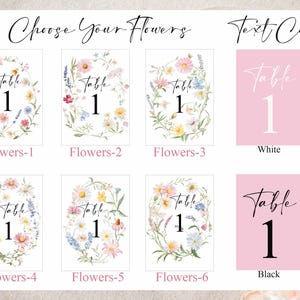 May include: A selection of table number cards with floral designs and text color options. The cards feature the word "Table" and the number "1" in various floral wreath designs. Text color options include white and black.