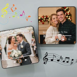 May include: Two square photo frames displaying images of couples, with music player interfaces overlaid. One frame shows a wedding scene, the other a couple in front of a Christmas tree. Musical notes and treble clef decorations are also present.