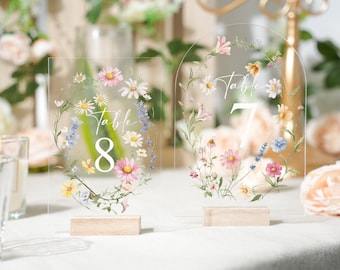Números de mesa acrílicos / Decoración de mesa para bodas / Letreros para bodas / Letreros de mesa / Números de mesa / Letrero de mesa de boda estilo boho con flores silvestres