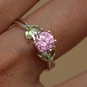 Rose Quartz Peridot Ring – Sterling Silver Tulip, Floral Jewelry image 1