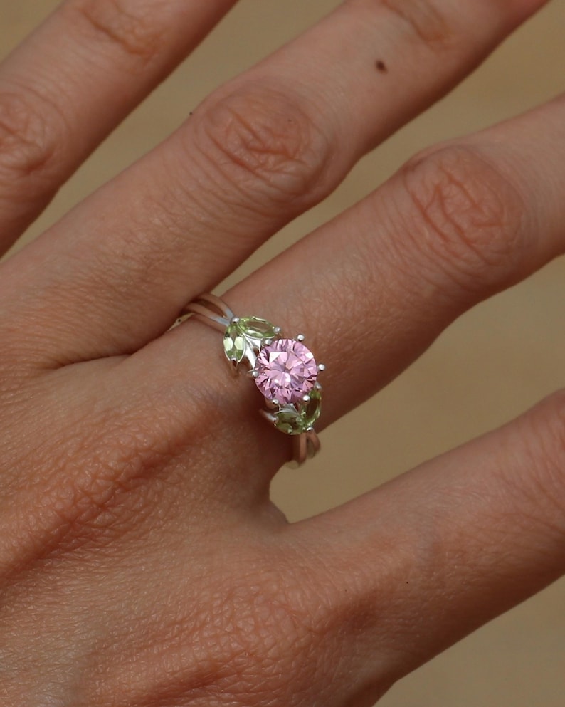 Rose Quartz Peridot Ring – Sterling Silver Tulip, Floral Jewelry image 1
