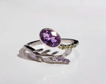 Amethyst Peridot Ring – Sterling Silver Lavender Floral Design