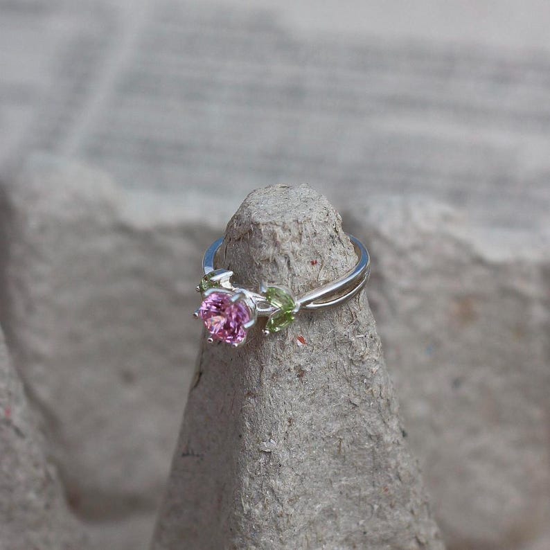 Rose Quartz Peridot Ring – Sterling Silver Tulip, Floral Jewelry image 4