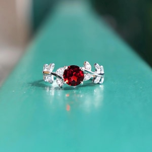 Deep Red Garnet Sterling Silver Ring – Floral Camellia Design