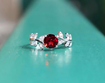 Deep Red Garnet Sterling Silver Ring – Floral Camellia Design