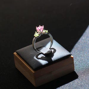 Rose Quartz Peridot Ring – Sterling Silver Tulip, Floral Jewelry image 5