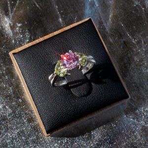 Rose Quartz Peridot Ring – Sterling Silver Tulip, Floral Jewelry image 3