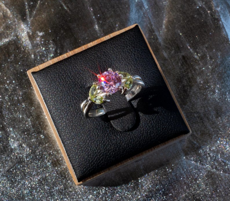 Rose Quartz Peridot Ring – Sterling Silver Tulip, Floral Jewelry image 3