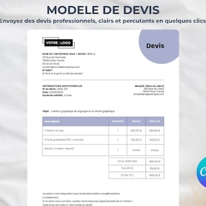 Peut inclure: Modèle de devis professionnel en français, avec un espace pour le logo, les coordonnées de l'entreprise et une liste des services. Le document comprend des sections pour la quantité, le prix et le total, avec le logo Canva.