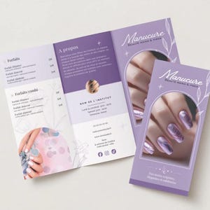 May include: A brochure and a business card with a purple and white design. The brochure is open, displaying text and images of manicured nails. The business card features a close-up of manicured nails. The text "Manucure Beauté Mains & Pieds" is visible.