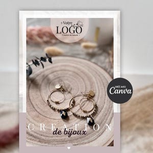 May include: A pair of gold hoop earrings with black beads and a black stone pendant. The earrings are on a wooden surface with the text "CREATION de bijoux" below them. The image also includes the text "+ Votre LOGO + Creation de bijoux" and "CRÉÉ AVEC Canva".