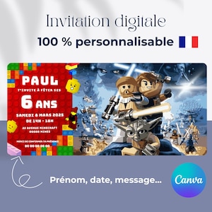 Puede incluir: Invitación digital con temática Lego Star Wars. La invitación es para la fiesta de cumpleaños de un niño de 6 años, con el nombre "Paul" en un lugar destacado. El texto incluye la fecha, la hora y el lugar del evento. El diseño es personalizable.