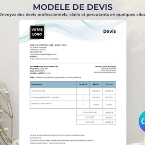 Peut inclure: Modèle de devis professionnel avec le logo Canva. Le document présente les informations de l'entreprise et du client, une description des services et le montant total dû. Le texte est en français.