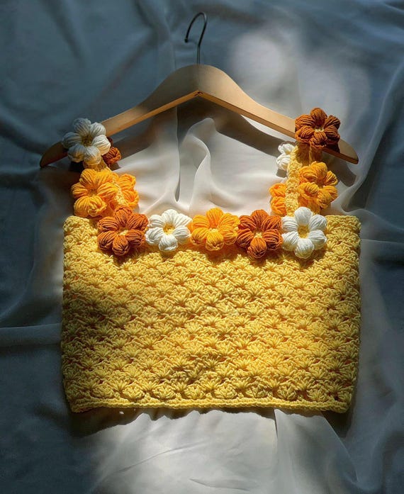 Handmade Crochet Crop Top: Yellow Ombre 3D Flower Straps