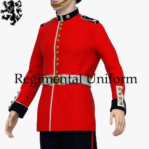 May include: A red regimental uniform with gold buttons, a white belt, and navy blue detailing. The long-sleeved uniform features a high collar. The text "Regimental Uniform" is visible on the front.