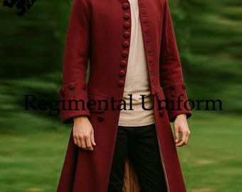 May include: A burgundy regimental uniform coat with a high collar and multiple buttons down the front. The coat has long sleeves with buttoned cuffs and is knee-length. The text "Regimental Uniform" is visible on the coat.