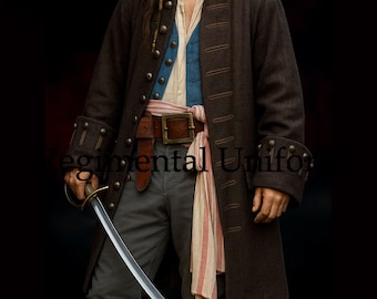 May include: A brown pirate coat with multiple buttons, worn over a blue vest and a white shirt. A brown leather belt with a large buckle and a striped sash are also visible. The person is holding a sword.